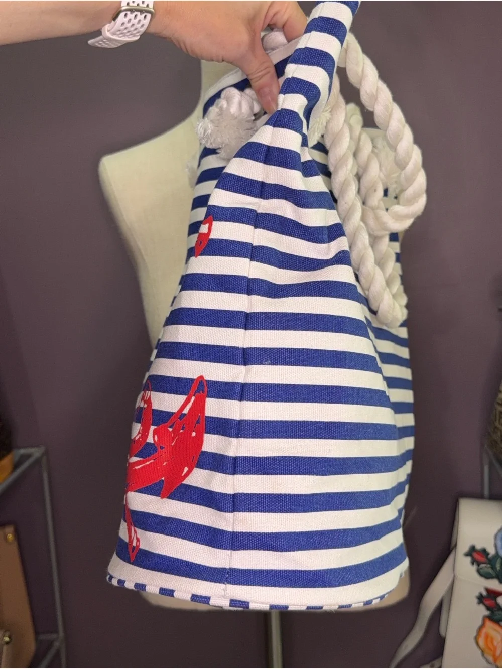 Punctuate Nautical Striped Canvas Tote Bag with Red Anchor Accent